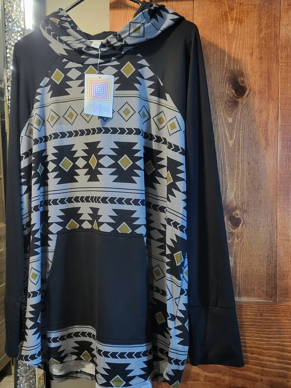 LuLaRoe Amber Hoodie- Black Aztec-Pattern Hooded Pullover with Olive Accents
